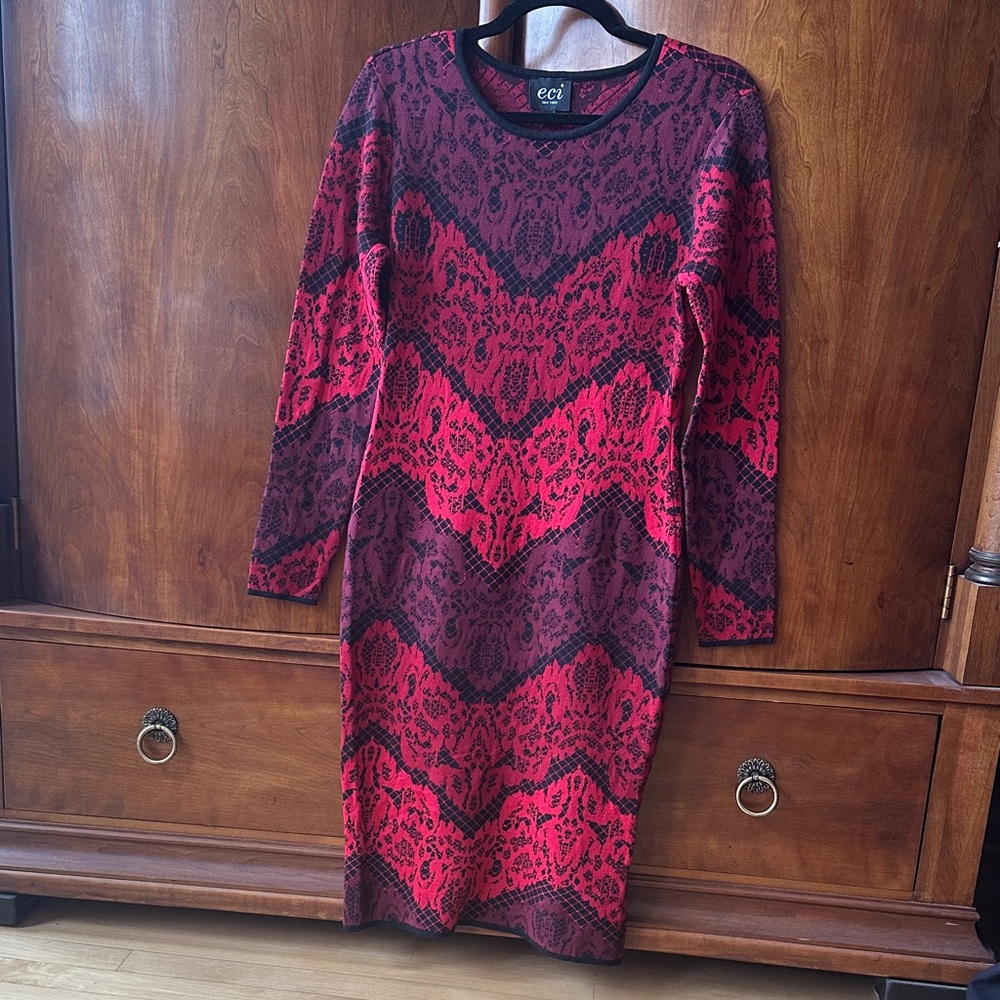 ECI Red and Black Long Sleeve Knit Dress NWT
